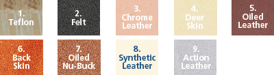 1. Teflon, 2. Felt, 3. Chrome Leather, 4. Deer Skin, 5. Oiled Leather, 6. Back Skin, 7. Oiled Nu-buck, 8. Synthetic Leather, 9. Action Leather.