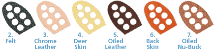 Cleat Type Slide Bases: 2. Felt, 3. Chrome Leather, 4. Deer Skin, 5. Oiled Leather, 6. Back Skin, 7. Oiled Nu-buck