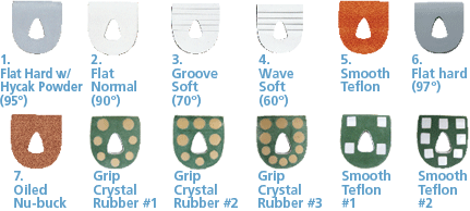 Slide Heels: 1. Flat hard with hycak powder (95), 2. Flat normal (90), 3. Groove Soft (70), 4. Wave soft (60), 5. Smooth Teflon, 6. Flat Hard (97), 7. Oiled Nu-buck, Grip Crystal Rubber No.1, Grip Crystal Rubber No.2, Grip Crystal Rubber No.3, Smooth Teflon No.1, Smooth Teflon No.2